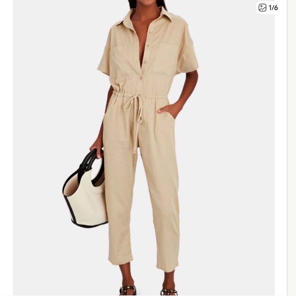 Enza Costa Cotton Short Sleeve Jumpsuit Khaki Tan Size Medium